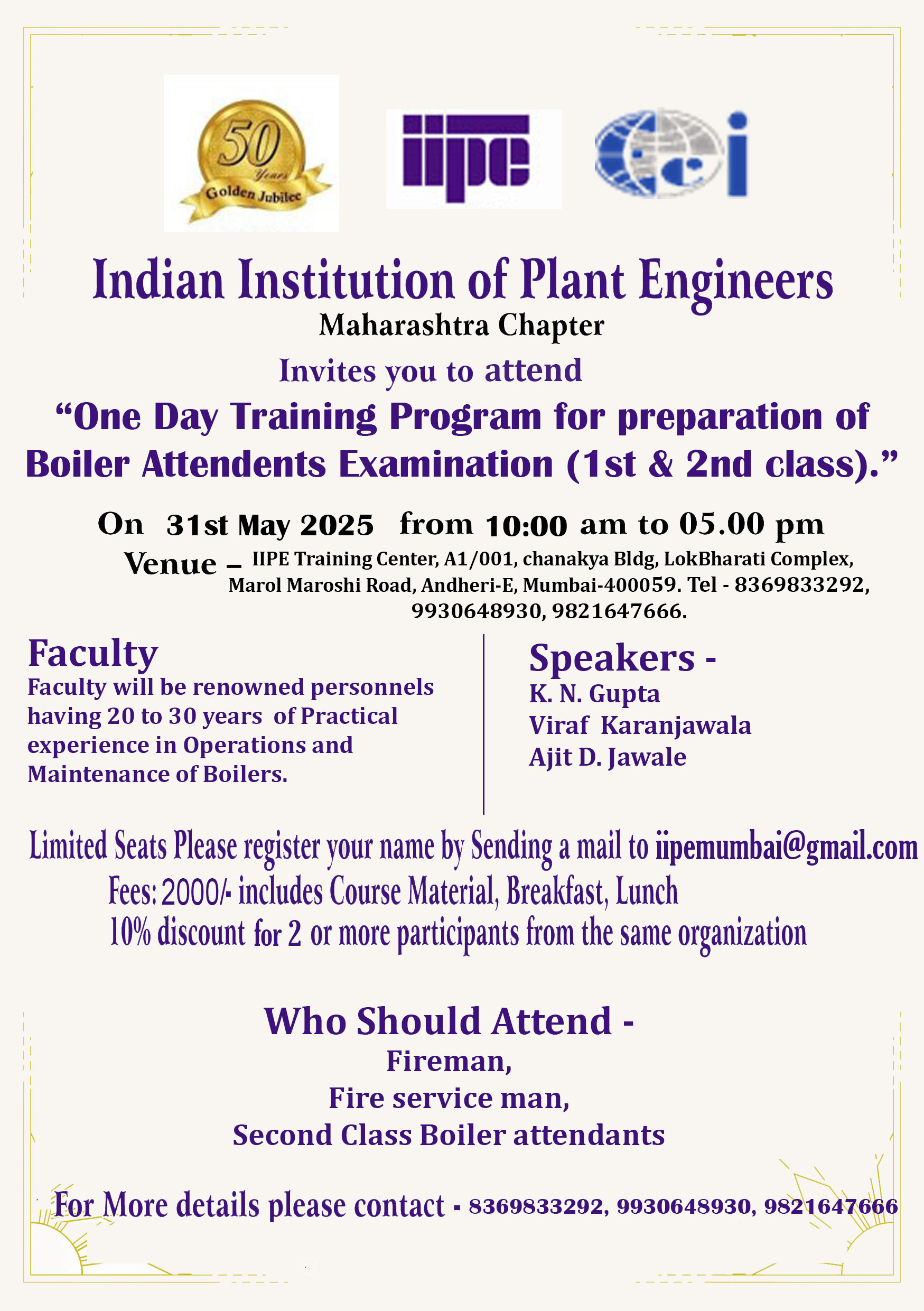 One Day Training Program For Preparation of Boiler Attendents(1st and 2nd class)